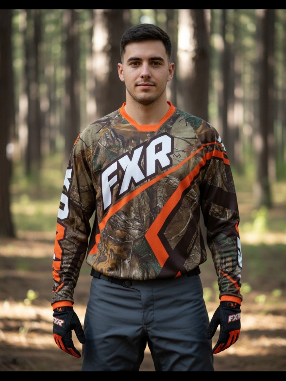 FXR Men's Camo Long-Sleeve Jersey with Orange Accents
